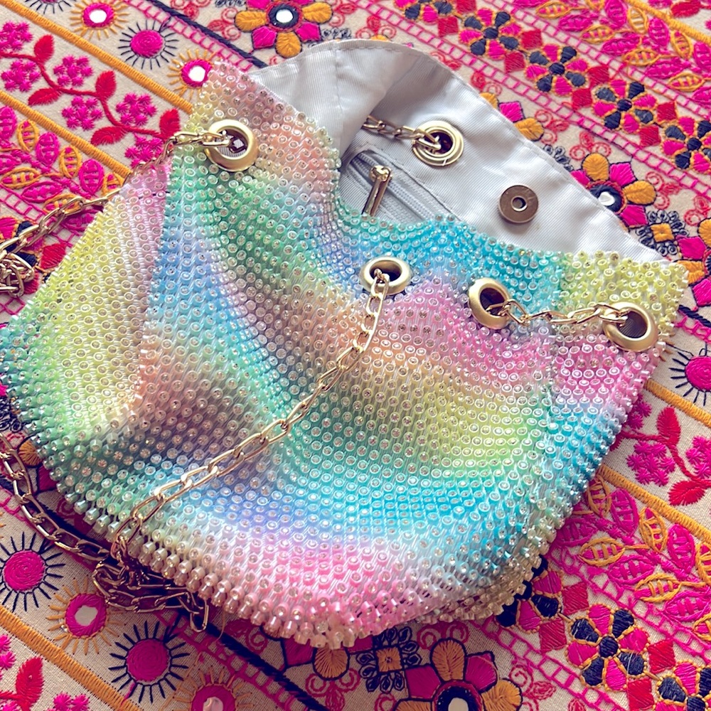 Beautiful purse rainbow colored bag sequence like beads rose gold chain colorful